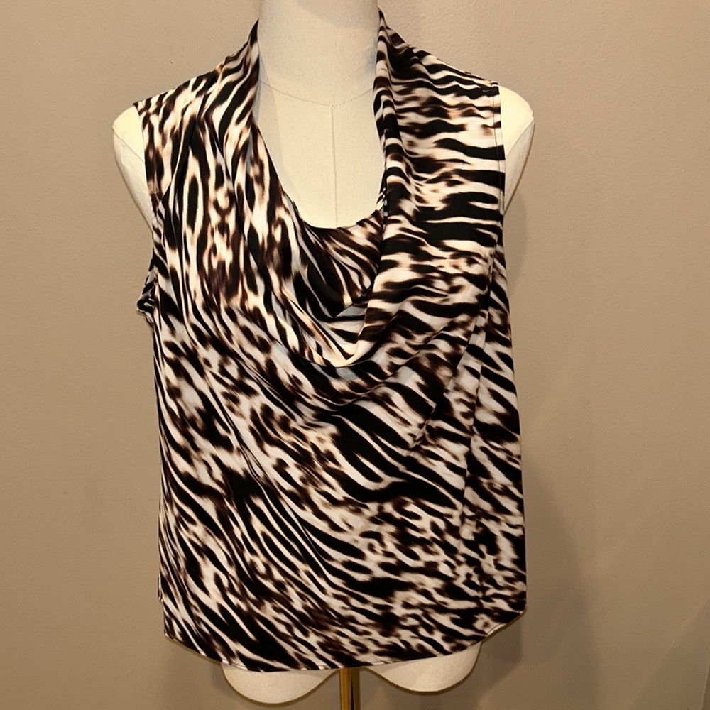 Calvin Klein Silky Animal Print Cowl Neck Blouse size Petite Medium Like New